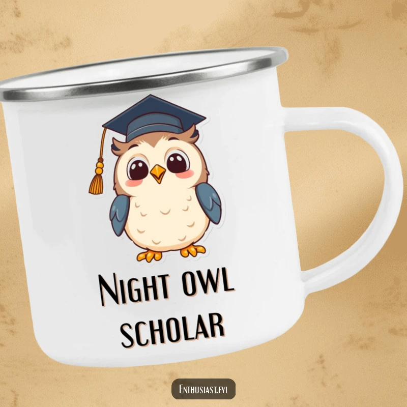 Funny camping mug with a beaming owl wearing a graduation cap, looking up with hopeful excitement, perfect for enjoying drinks outdoors.