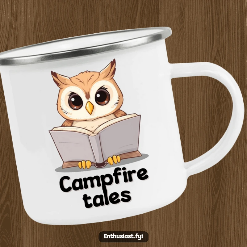 Funny owl reading camping mug shows a wise owl reading a book, perfect for enjoying beverages during outdoor excursions.