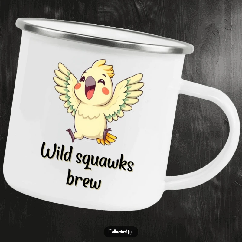 Funny Parrot Camping Mug: An enthusiastic parrot squawks with wings outstretched, perfect for enjoying drinks on tropical adventures, a great funny gift.