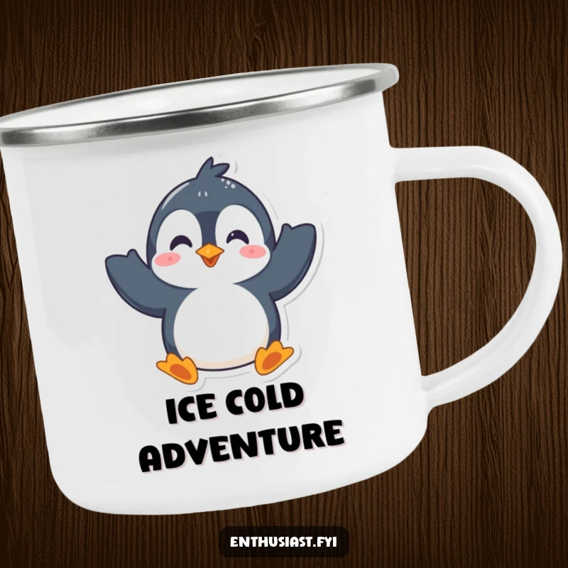 Funny camping mug with a playful penguin character enthusiastically waving both flippers, perfect for enjoying drinks outdoors with a cheerful vibe.
