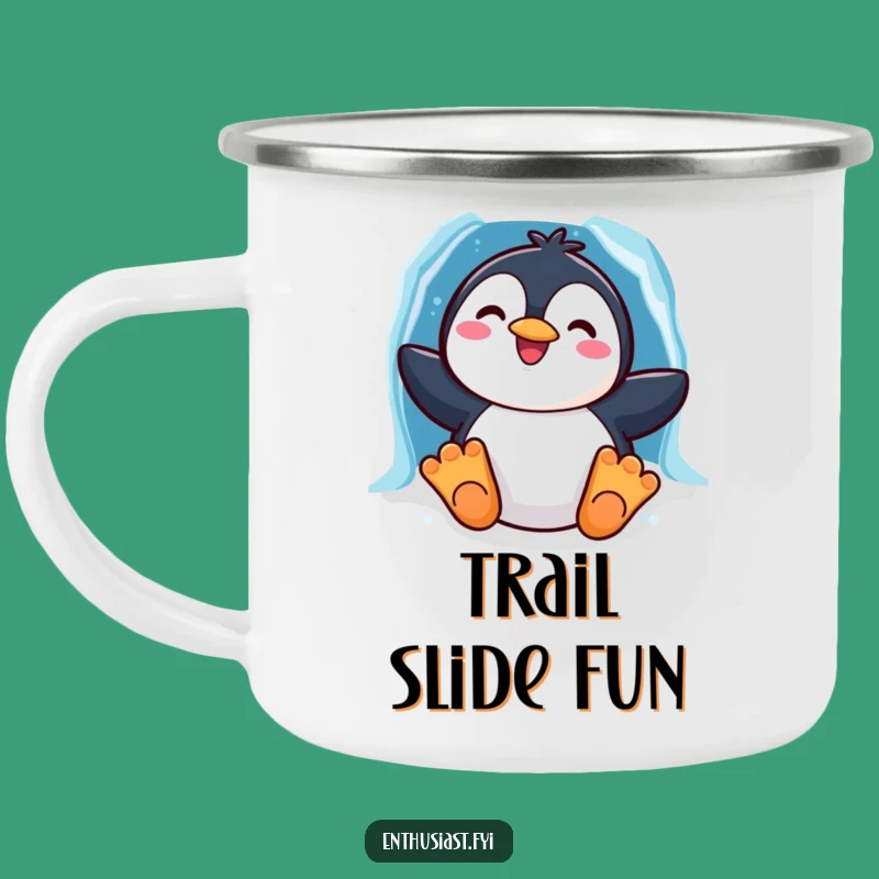 Funny Penguin Slide Camping Mug: Character's Arctic Adventure, Rugged Drinkware