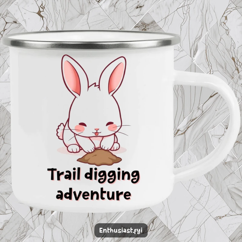 Funny rabbit camping mug showing a playful bunny with twitching ears, enthusiastically digging a small hole, for outdoor fun.