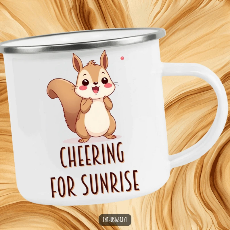Funny squirrel cheering camping mug showing an enthusiastic squirrel with pom-poms, built for adventures and adding cheer to outdoor breaks.