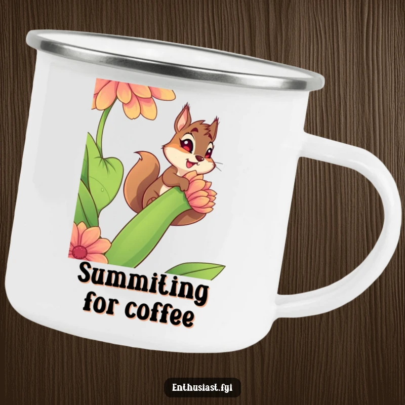 Funny camping mug with a determined squirrel climbing a flower stem, ideal for outdoor enthusiasts who appreciate nature and humor.