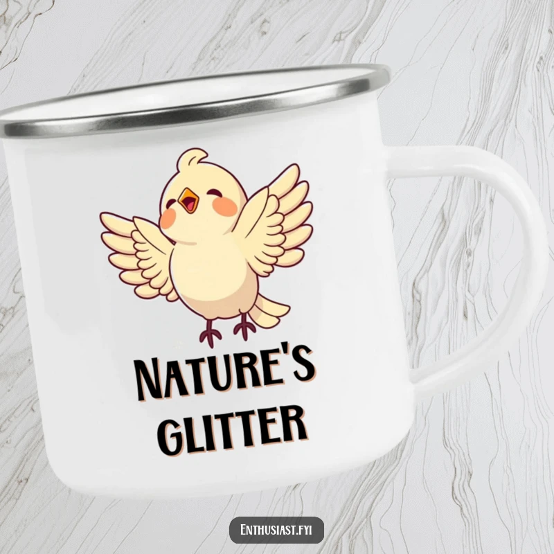 Funny bird camping mug with a delighted bird swooping towards a shiny object, ready for outdoor adventures and beverages.