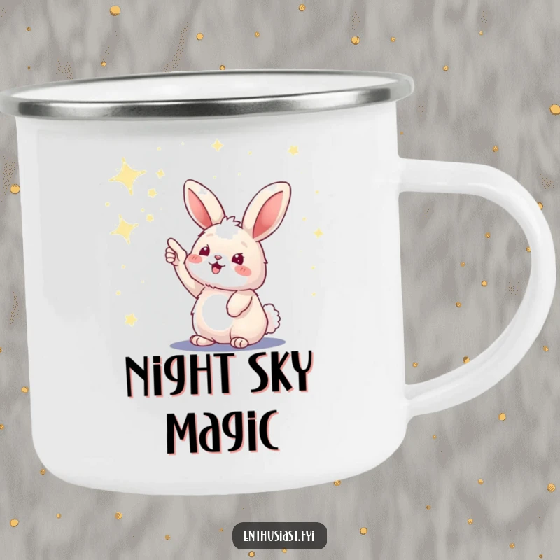 Funny camping mug showing a fluffy bunny excitedly pointing at a sky full of glimmering stars.