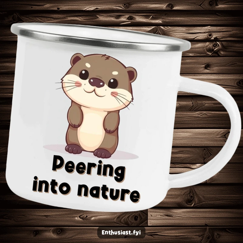 Funny otter camping mug showing a curious character peeking from behind an object, ready for adventure.