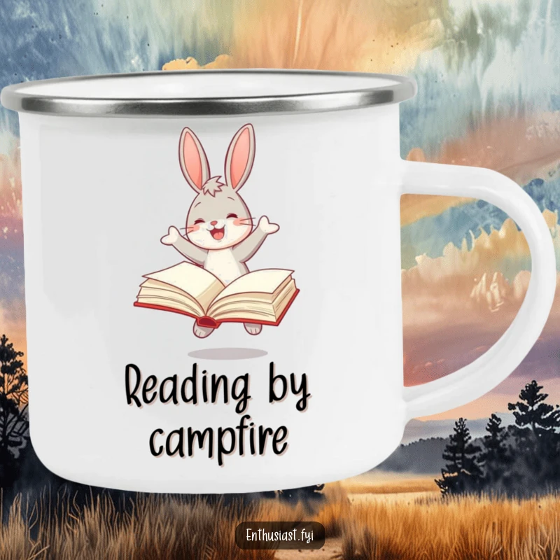 Funny camping mug showing a joyful bunny bouncing with an open book, perfect for outdoor reading sessions.