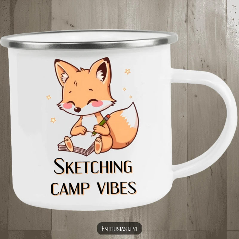 Funny fox camping mug, a playful fox sketching in a notebook, ideal for outdoor artistic inspiration.