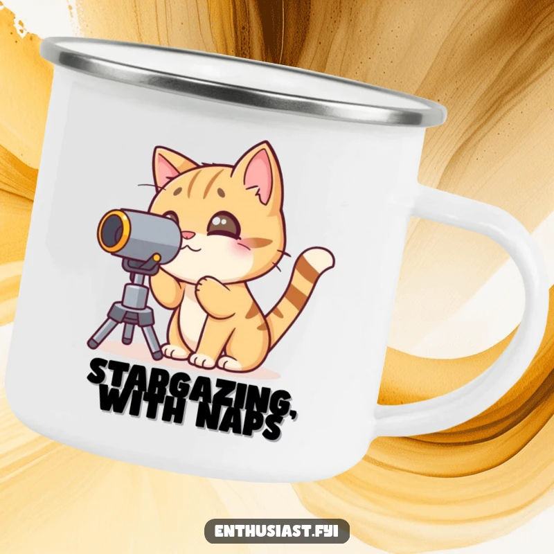 Funny cat camping mug featuring a curious character peering through a telescope, built for outdoor exploration.