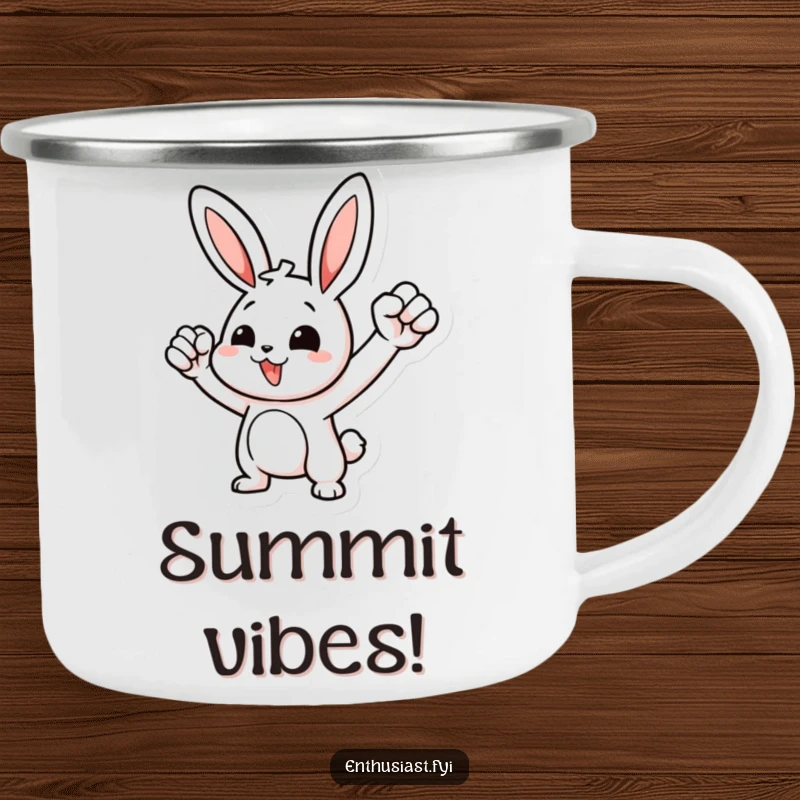 Funny camping mug featuring a motivational rabbit character pumping its fist, perfect for campfire chats and adventures.