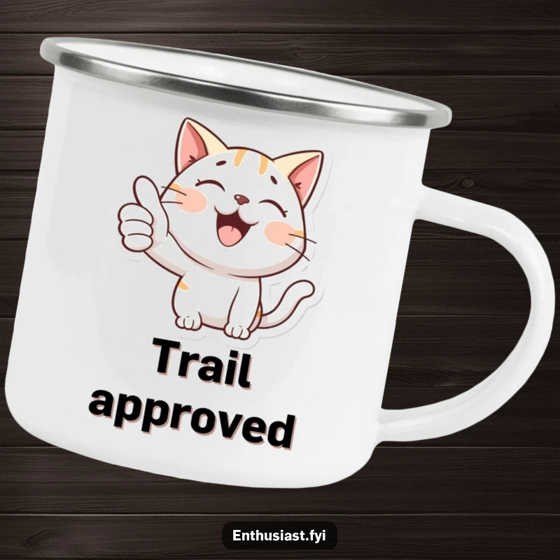 Funny camping mug with a happy cat giving a thumbs-up, ideal for enjoying drinks with cool approval.