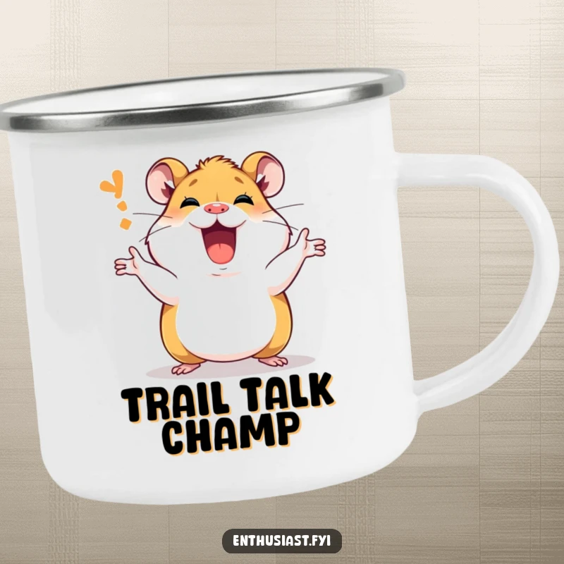 Funny Camping Mug featuring a passionate hamster character animatedly explaining, perfect for sharing stories around the campfire.