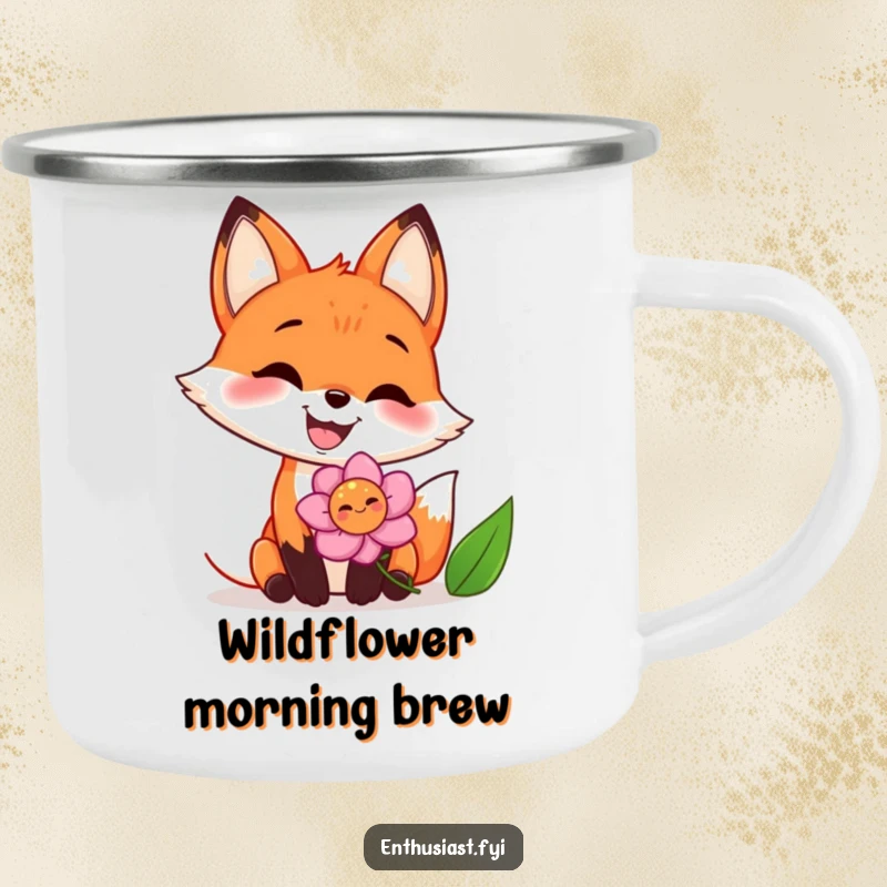 Funny camping mug with a happy fox and a big grin, enthusiastically sniffing a vibrant flower, perfect for outdoor enthusiasts.
