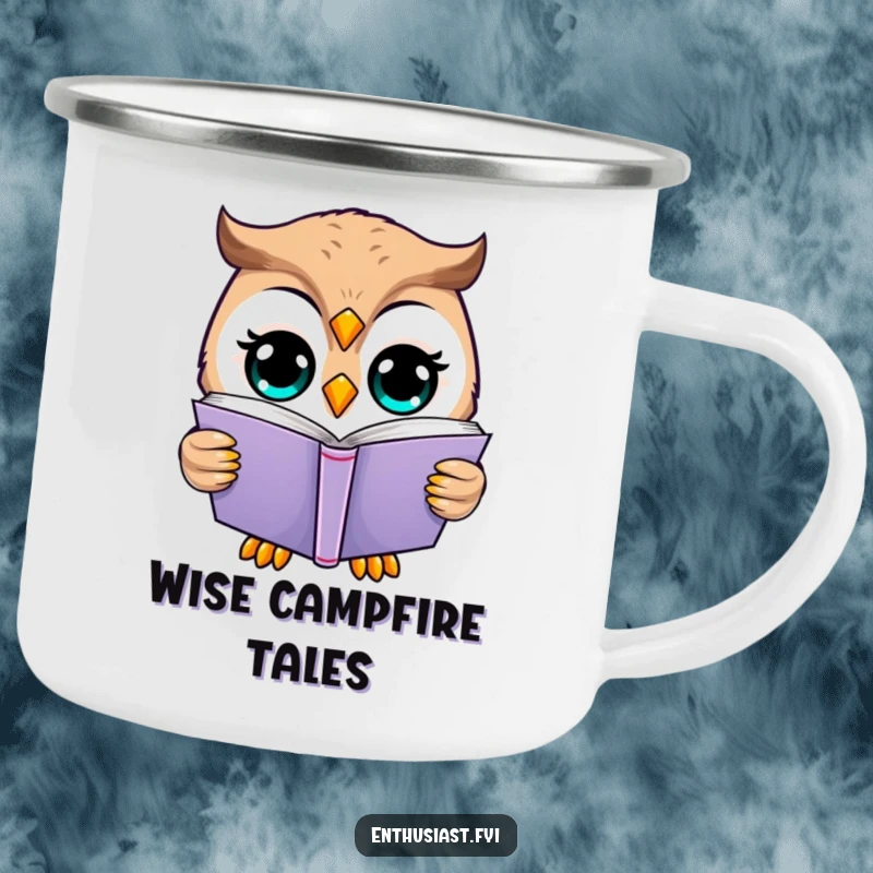 Funny owl camping mug showing a happy owl reading a book, ready for quiet contemplation.