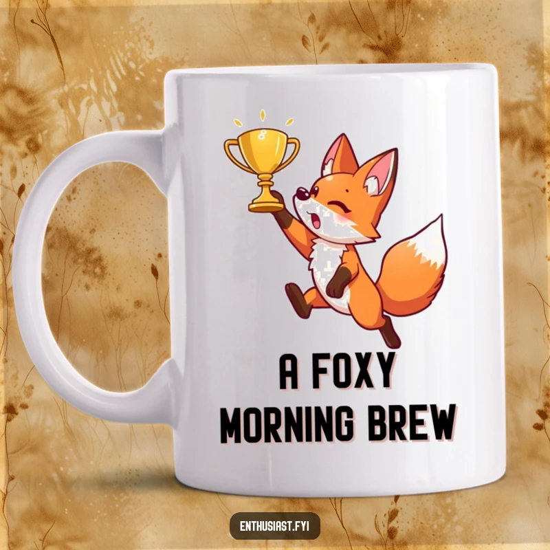 Funny mug featuring an energetic fox character playfully leaping towards a shimmering golden trophy, symbolizing ambition and success. Great gift.