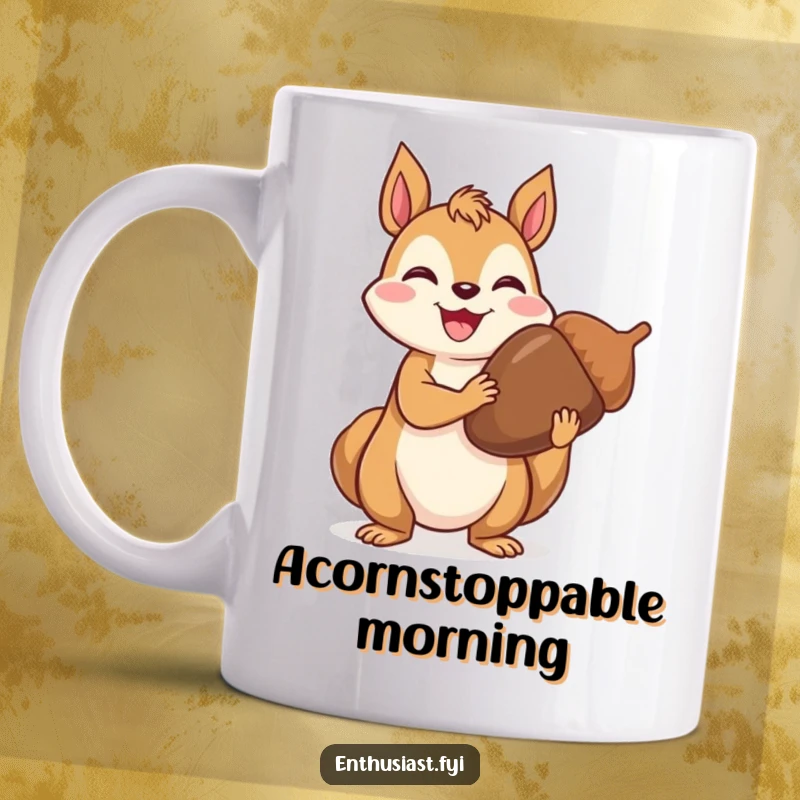 Funny Mug: Joyful squirrel proudly holding an extra large acorn, embodying the thrill of a successful forage with happy pride.