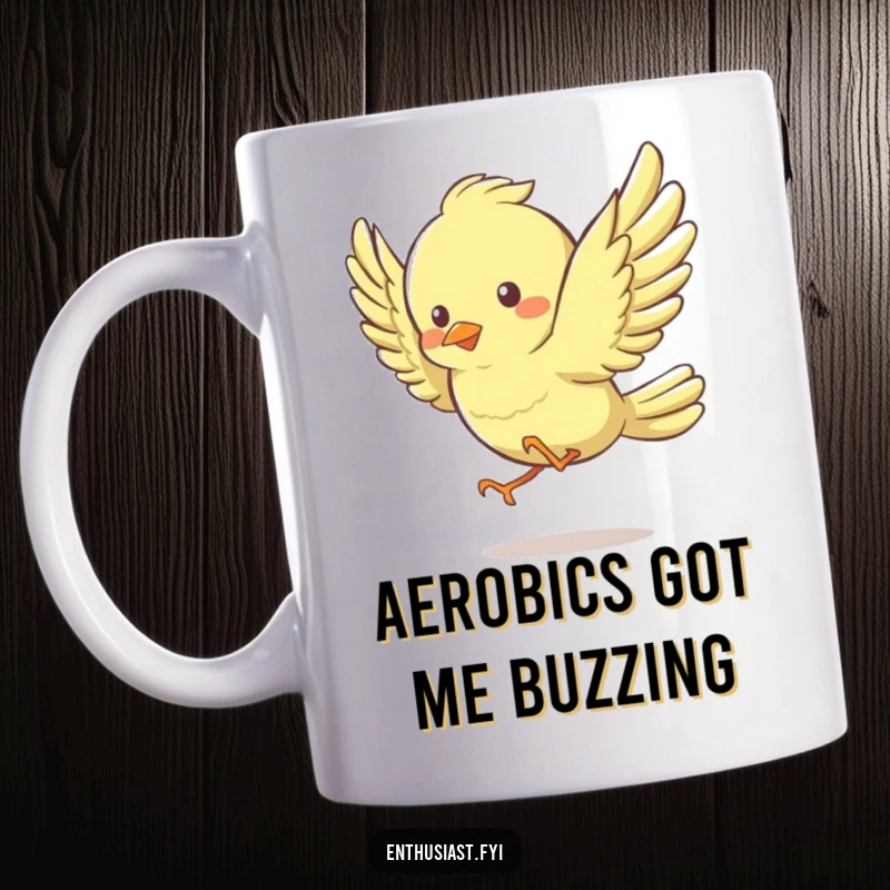 Funny Mug featuring a lively bird character energetically flapping its wings with pure joy and happy vibes.