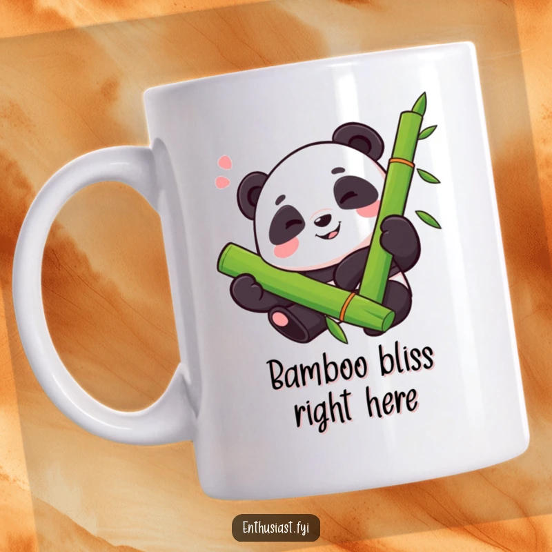 Funny mug featuring a proud panda with a happy sigh, enthusiastically hugging a large bamboo stalk, embodying pure contentment.