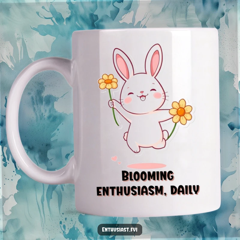 Funny rabbit jumping with joy for a flower, a delightful and whimsical design, perfect for coffee mugs.