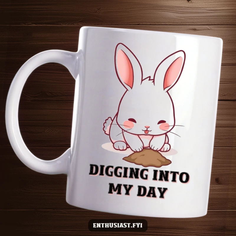 Funny rabbit mug showing a playful bunny with twitching ears, enthusiastically digging a small hole, a determined digger.
