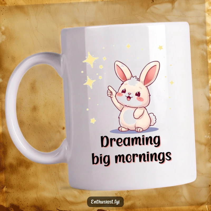Funny mug showing a fluffy bunny excitedly pointing upwards at a vast, star-filled night sky.