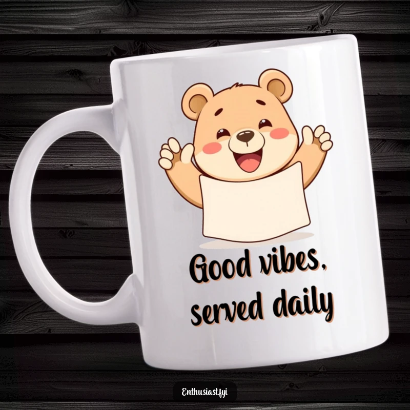 Funny bear mug, a happy bear with a wide grin waving a large banner, conveying warmth and celebration.
