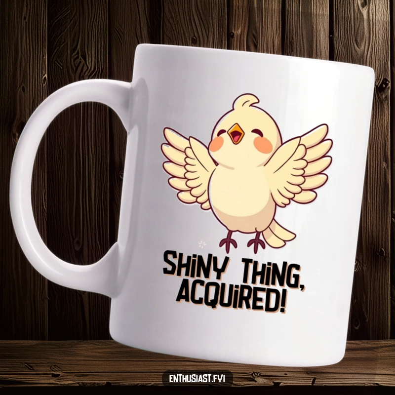 Funny bird mug showing a delighted bird with wings spread wide, swooping down towards a shiny object, embodying pure excitement.
