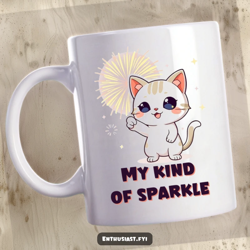 Funny cat mug with sparkling eyes, joyfully pointing at a vibrant, bursting fireworks display, capturing pure excitement.