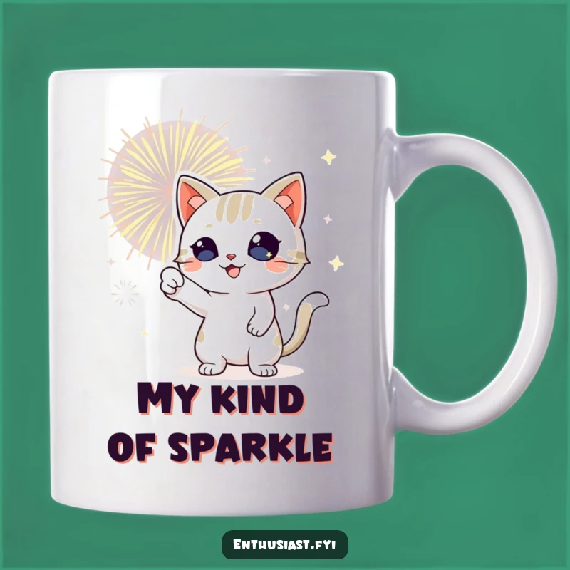 Funny Cat Fireworks Mug: Sparkling Eyes Excitedly Pointing, Perfect Funny Gift for Cat Lovers