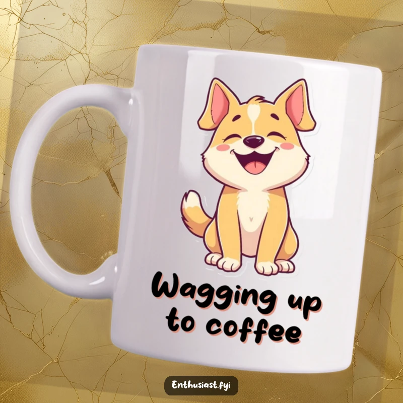 Funny dog mug featuring a joyful character barking happily with a furiously wagging tail, spreading canine happiness.