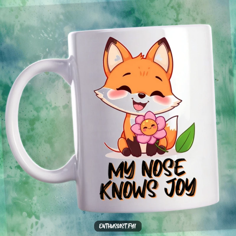 Funny mug featuring a joyful fox with a huge grin enthusiastically sniffing a bright, colorful flower, radiating happiness and warmth.