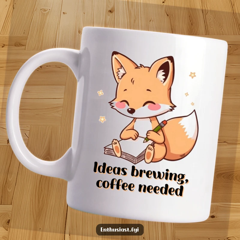 Funny fox mug, a playful fox rapidly sketching in a notebook, embodying creativity and artistic passion.