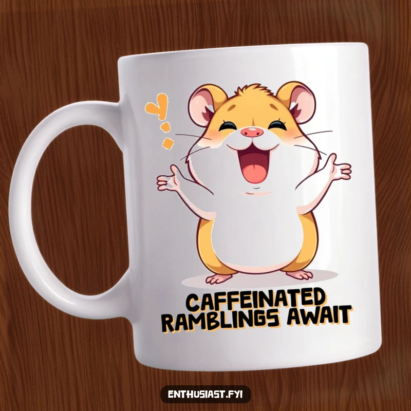 Funny Mug featuring a passionate hamster character animatedly explaining something with grand gestures and expressive excitement.