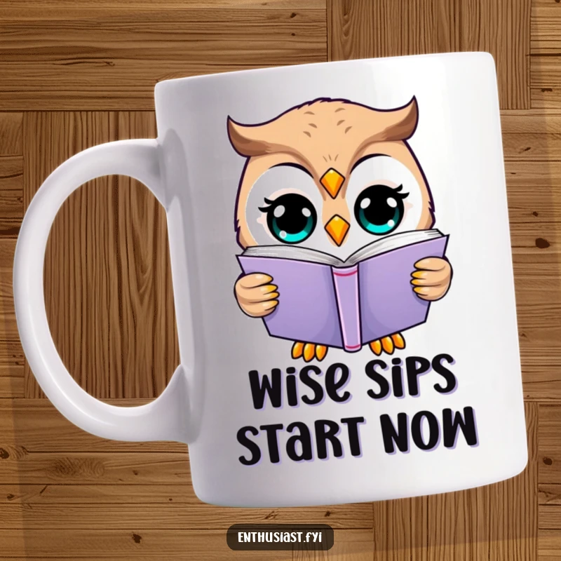 Funny happy owl mug, engrossed in reading a thick book with wide, curious eyes. Excellent gift.