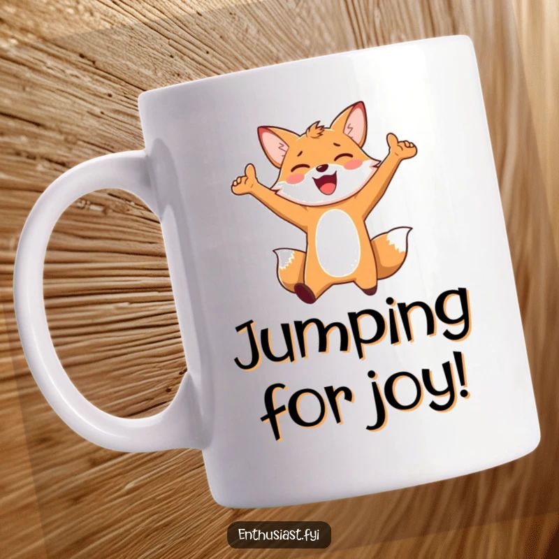Funny Mug: An enthusiastic fox character jumping for joy with arms outstretched, symbolizing pure happiness and exuberant celebration.