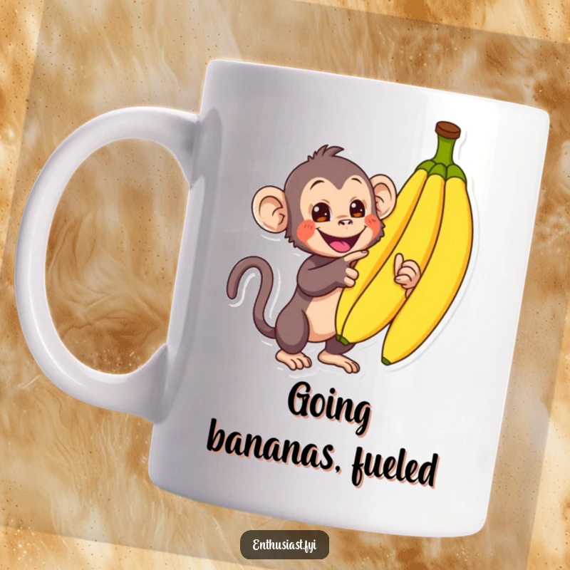 Funny Monkey Mug: A curious monkey enthusiastically points at a bunch of bananas, craving a delicious snack, a hilarious funny gift.
