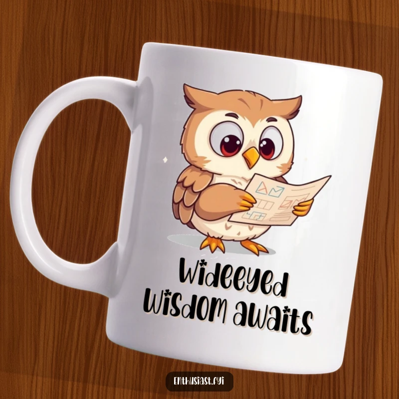 Funny Mug featuring an eager owl character with wide eyes intently studying a complex diagram, a humorous depiction of intelligence.