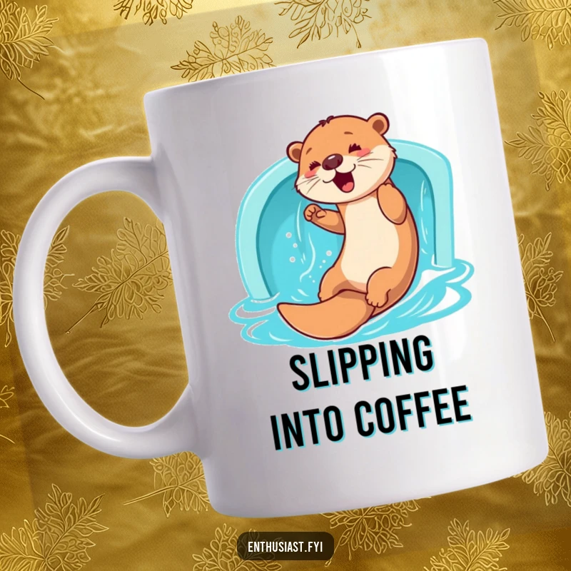 Funny Otter Mug: A playful otter gleefully slides down a water slide, embodying pure fun and aquatic delight, a fantastic funny gift.