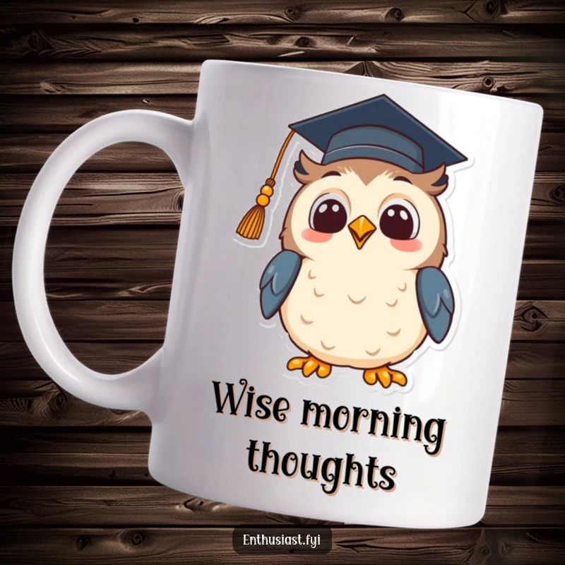 Funny mug featuring a beaming owl wearing a graduation cap, looking up with hopeful excitement, symbolizing wisdom and future success.