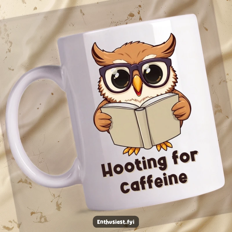 Funny Mug: Excited owl wearing oversized glasses, engrossed in reading a large book, symbolizing wisdom and intellectual curiosity.