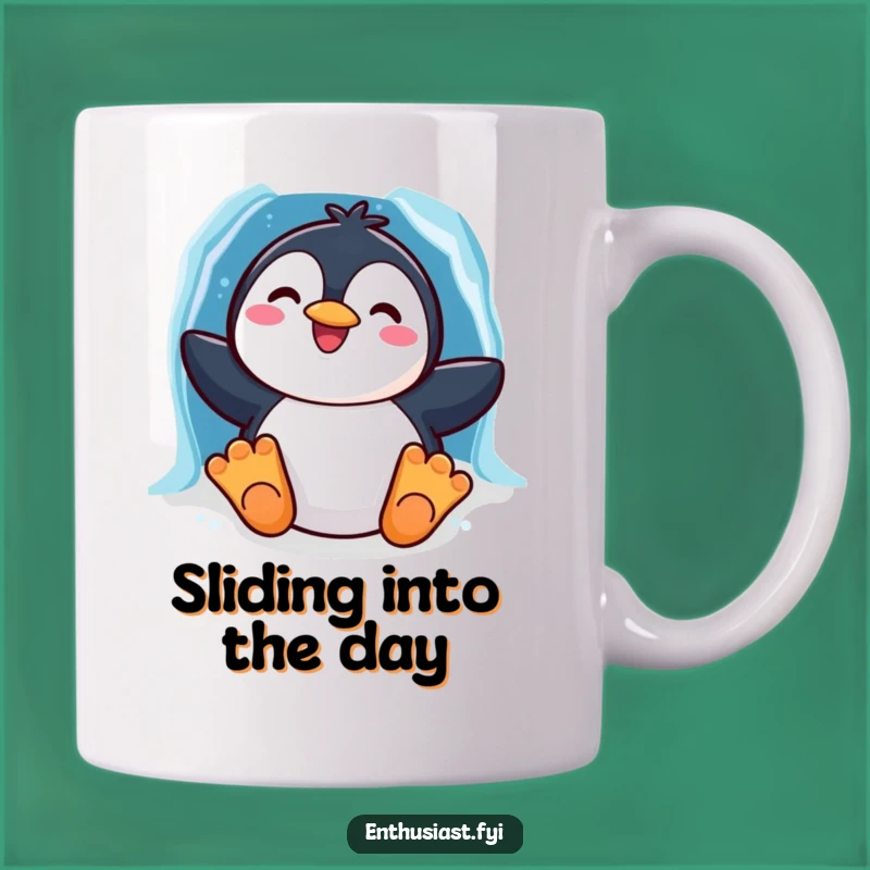 Funny Penguin Slide Mug: Cheerful Character's Joyful Ride, Perfect Gift for Winter Fans
