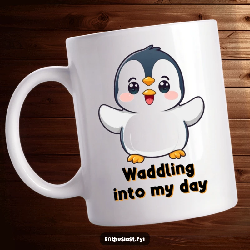Funny penguin mug featuring a delighted character excitedly waving two flippers, bringing arctic cheer.