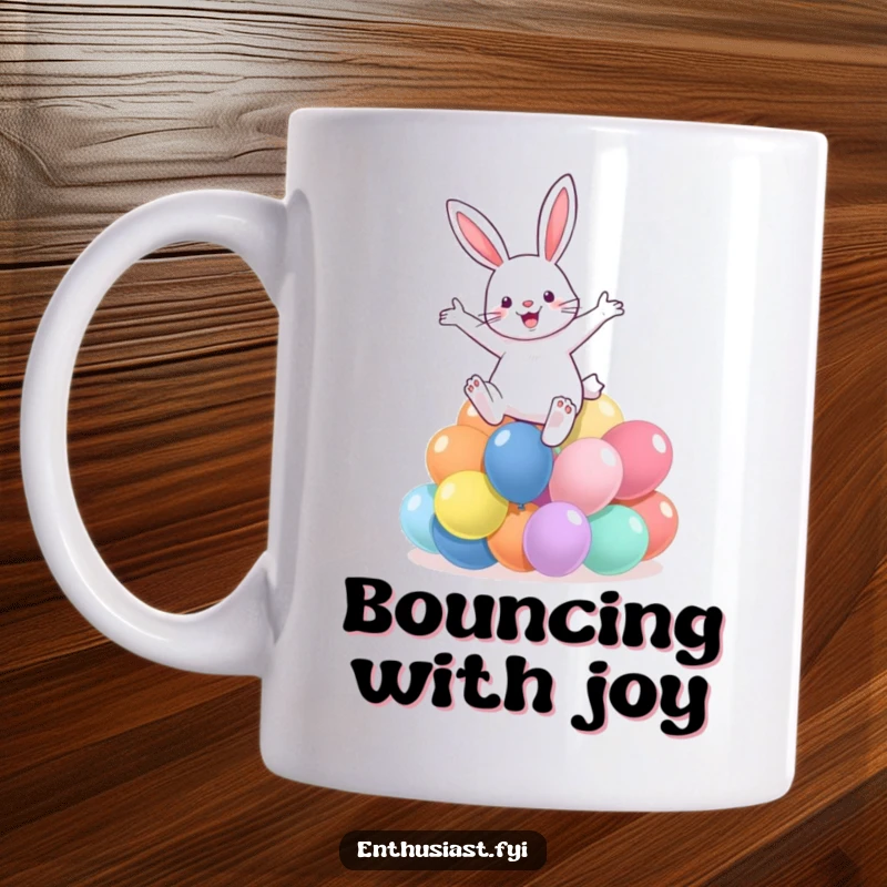 Funny mug depicting a joyful rabbit enthusiastically leaping over a colorful pile of balloons, showcasing pure bliss.