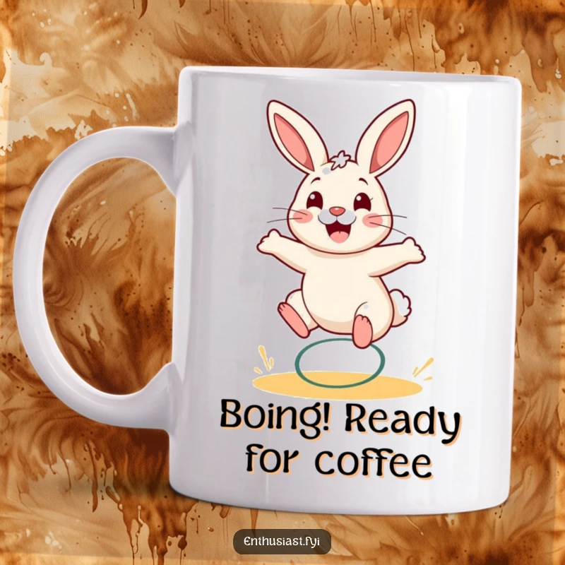 Funny rabbit mug with a cheerful expression, joyfully bouncing high on a spring. Ideal gift for humor enthusiasts.