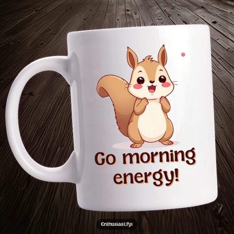Funny squirrel mug featuring a cheerful squirrel enthusiastically cheering with tiny pom-poms, radiating pure joy and team spirit, a perfect gift.
