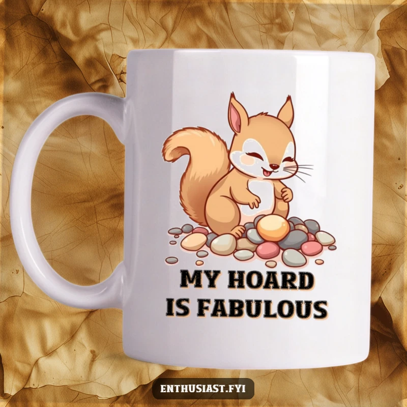 Funny squirrel mug with a curious expression, enthusiastically gathering a pile of shiny pebbles. Perfect humorous gift for animal lovers.