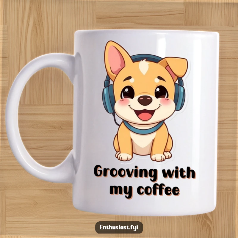 Funny mug featuring a happy dog wearing headphones and listening intently to music, radiating pure joy and musical bliss.