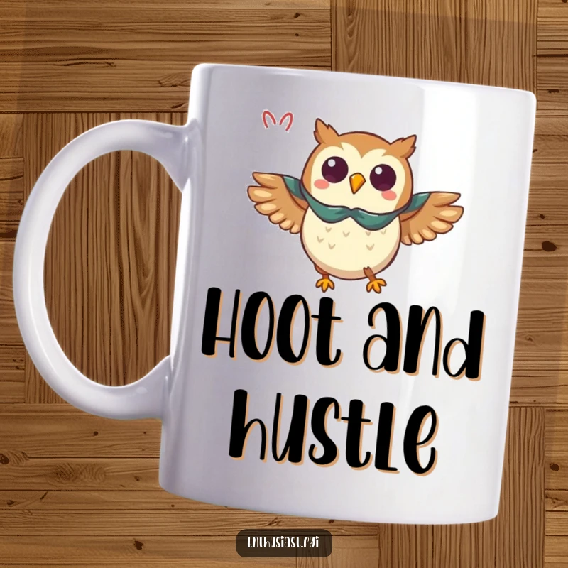 Funny owl mug, a triumphant owl in a cape flying with enthusiasm, symbolizing heroism and wisdom.