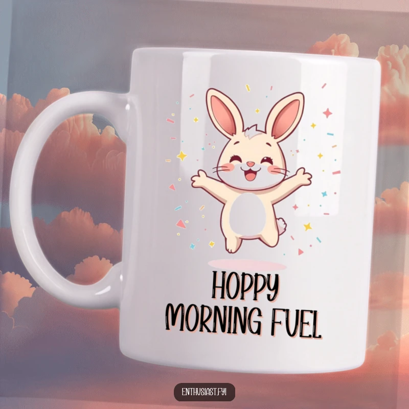 Funny mug with a playful rabbit jumping joyfully surrounded by sparkling confetti, full of energy and happiness.